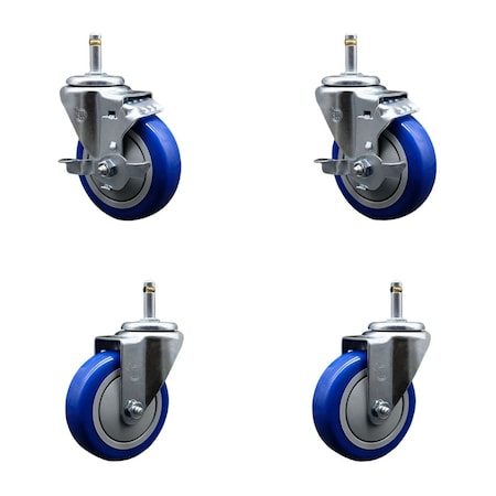 Service Caster 4'' Blue Poly Wheel Swivel 7/16'' Grip Ring Stem Caster Set 2 Brakes, 4PK GR20S414-PPUB-BLUE-TLB-716138-2-S-2